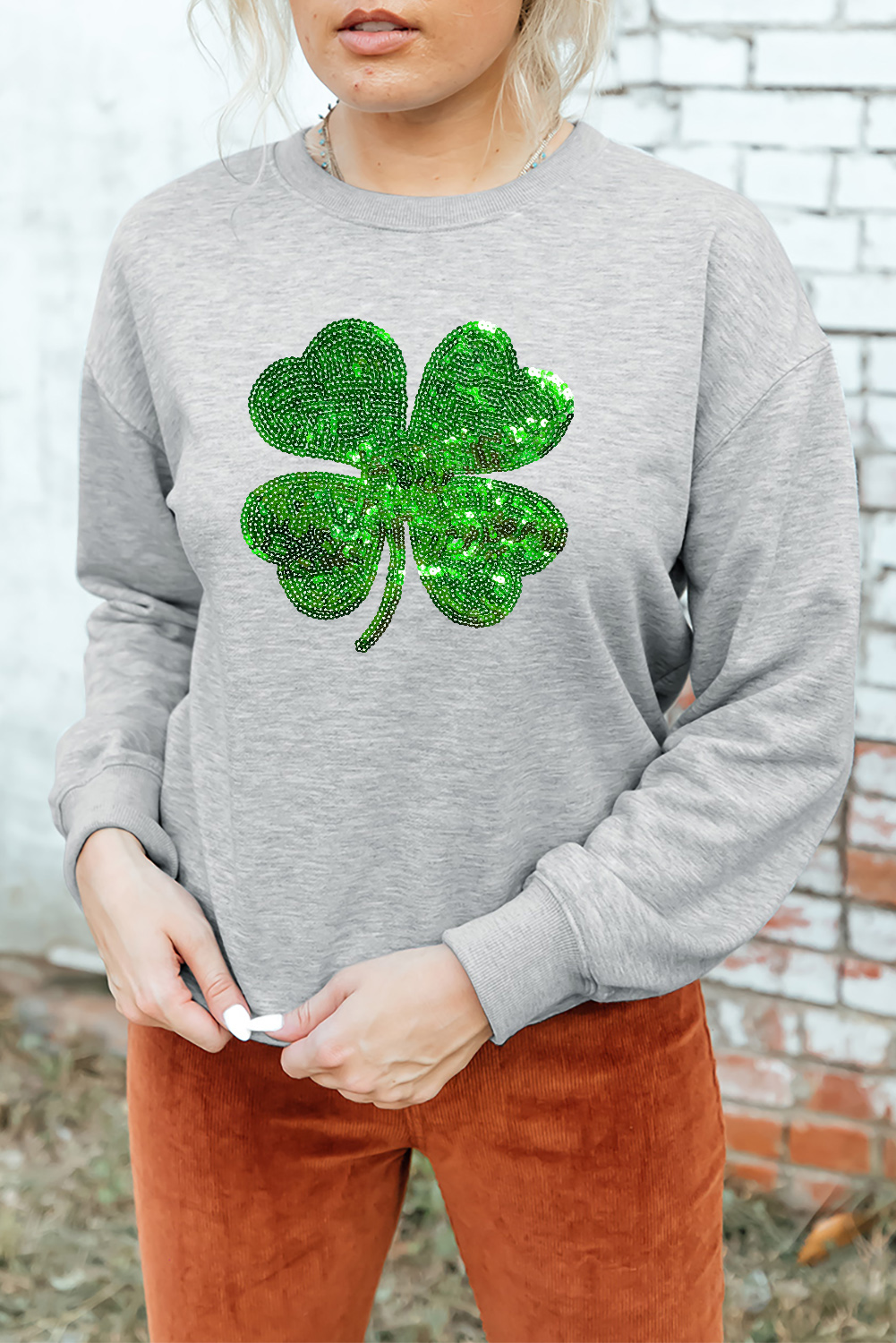 Gray Sequined Clover Patch St Patrick Fashion Sweatshirt - loveforevers