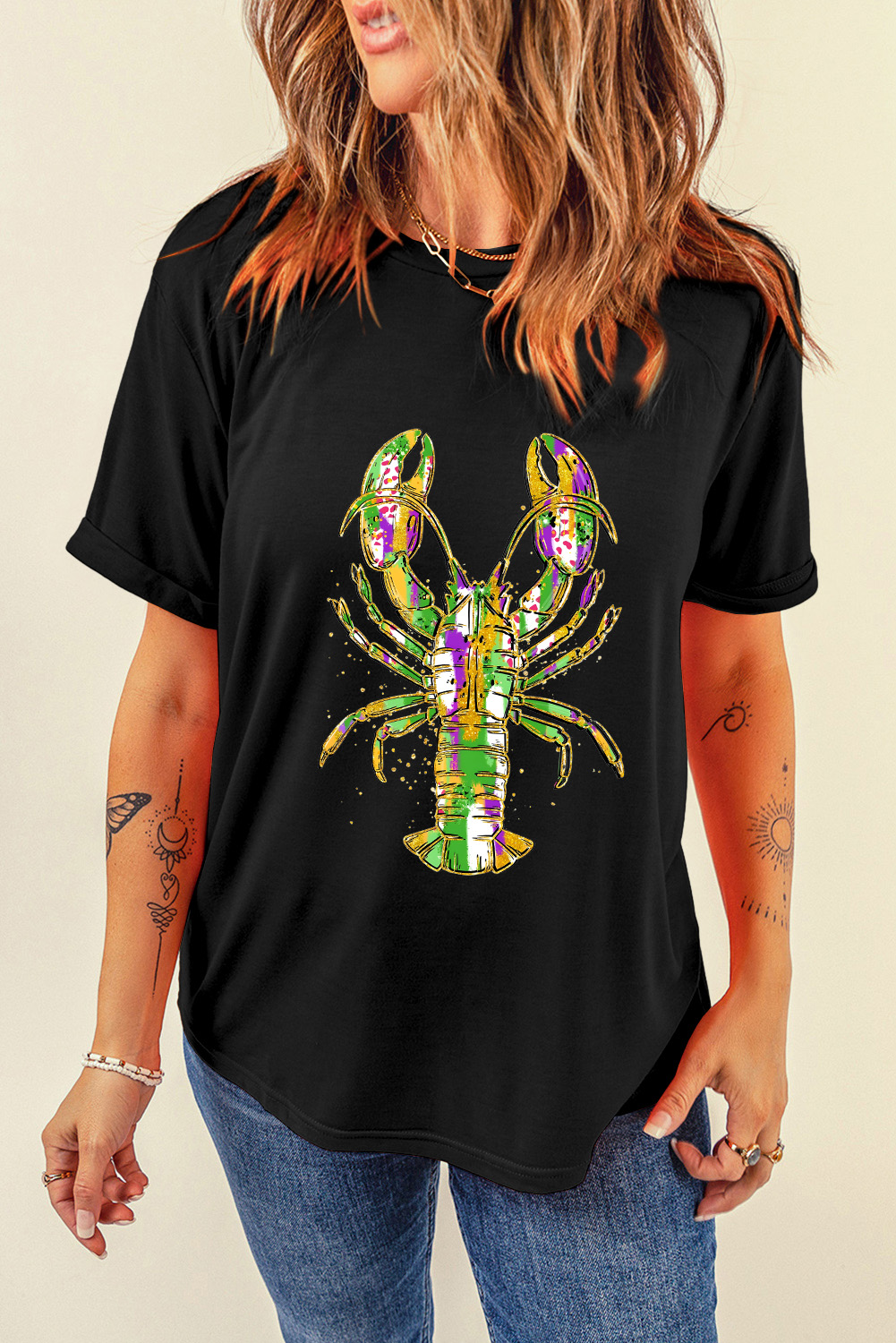 Black Mardi Gras Lobster Heat Transfer Graphic T Shirt - loveforevers