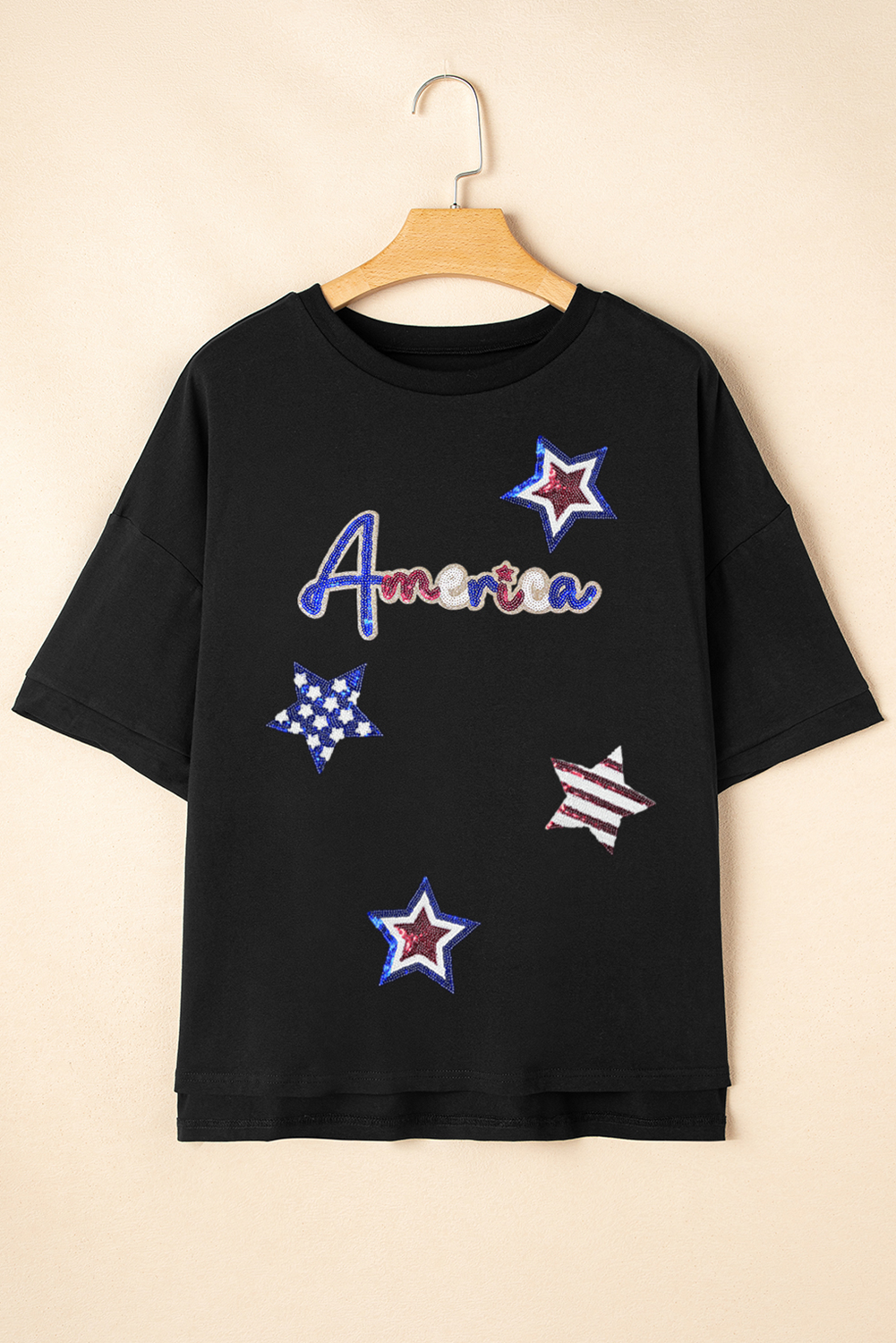 Black Sequin USA Bow Graphic Independence Day T Shirt - loveforevers