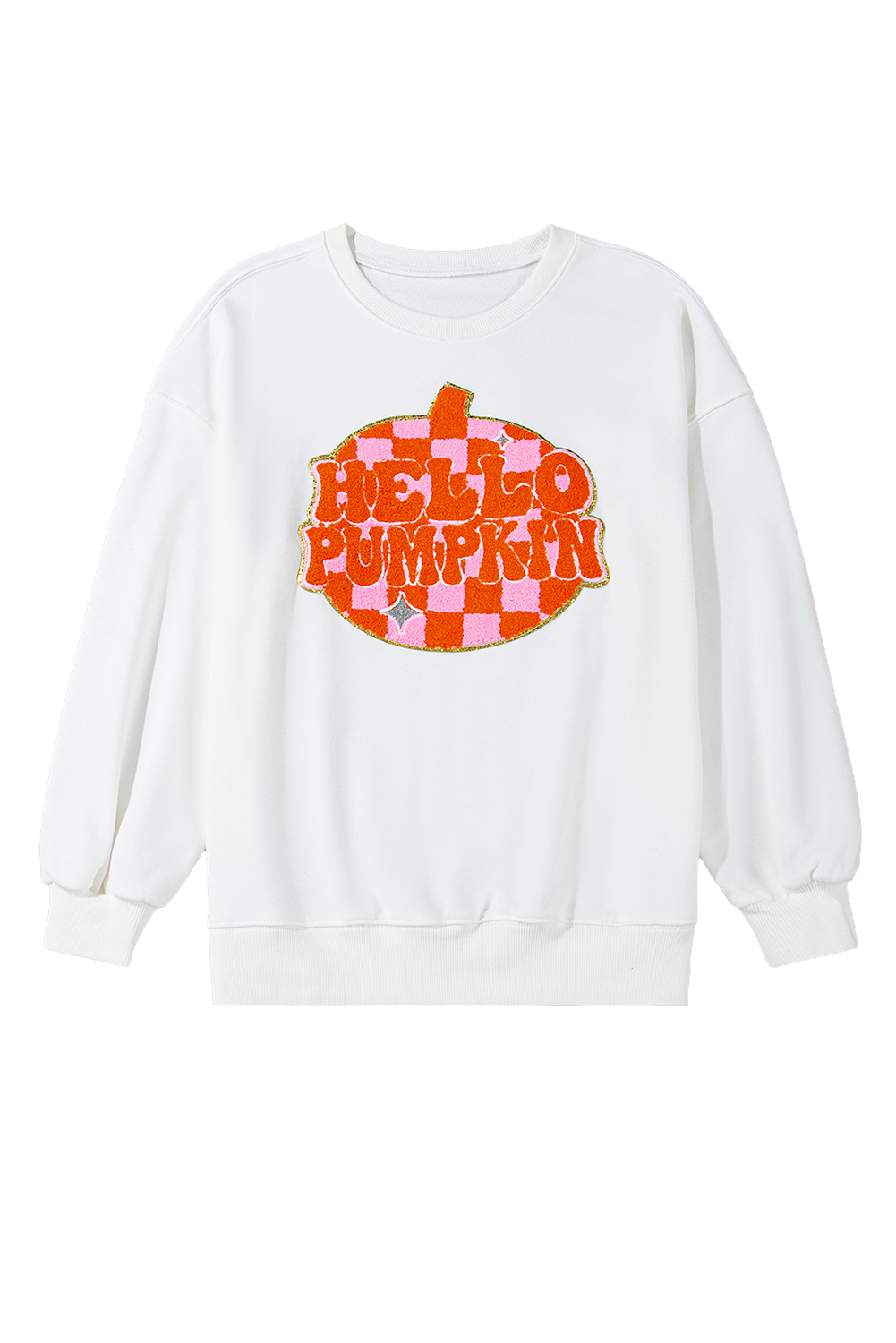 White Terry Halloween Pumpkin Patched Pattern Pullover Sweatshirt - loveforevers