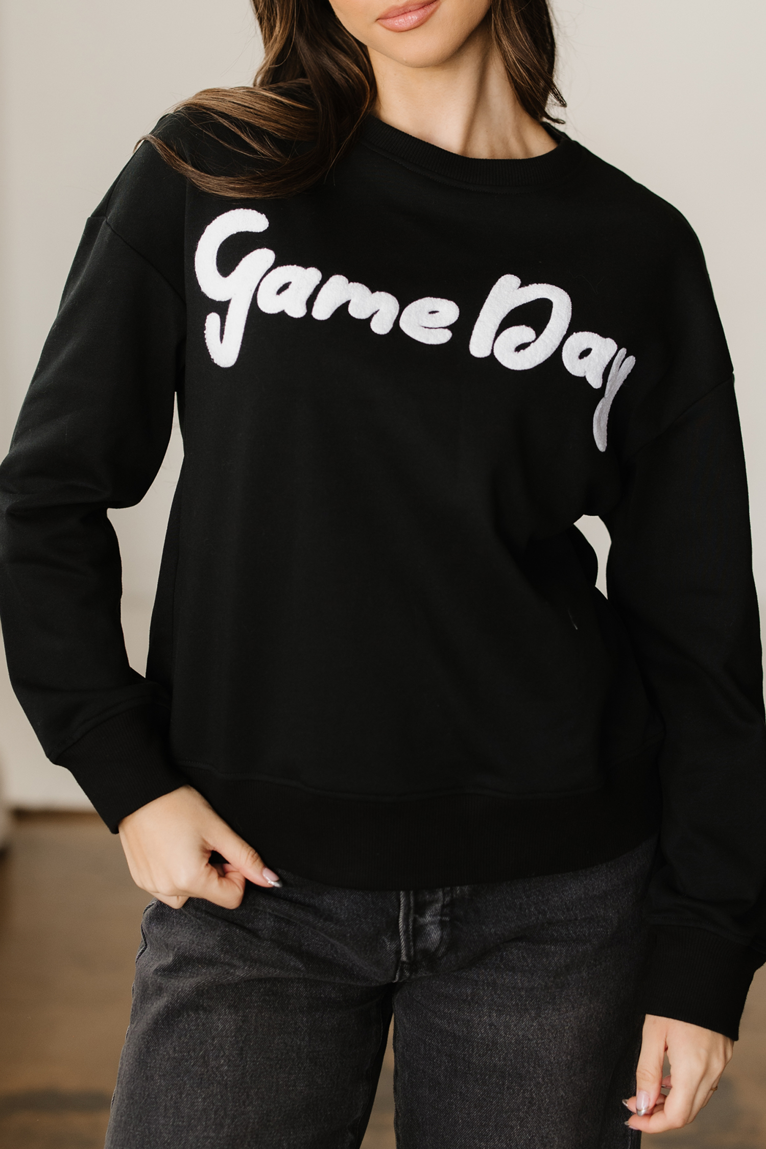 Black Chenille Game Day Graphic Drop Shoulder Sweatshirt - loveforevers