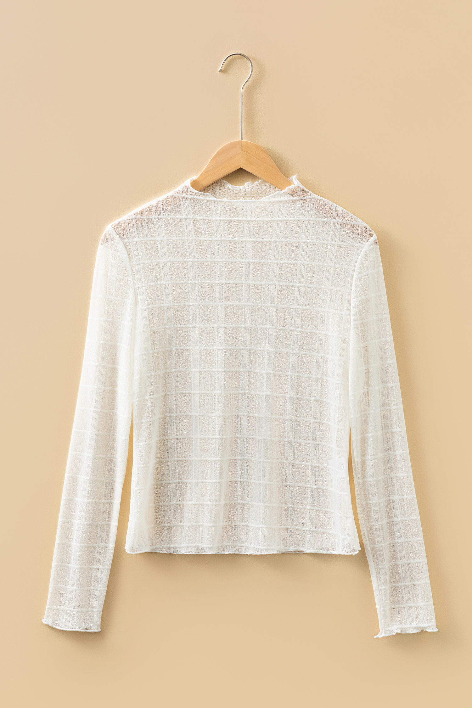 White Sheer Plaid Mesh Lettuce Trim Slim Fit Long Sleeve Top - loveforevers