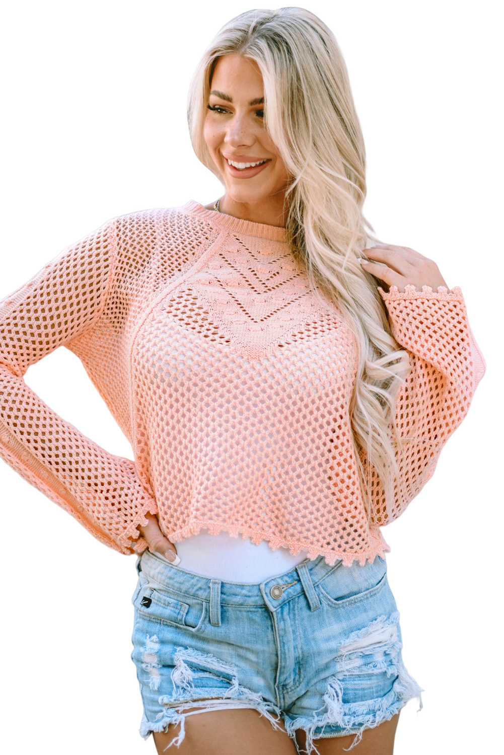 Pink Hollowed Eyelets Knit Bell Sleeve Sweater - loveforevers