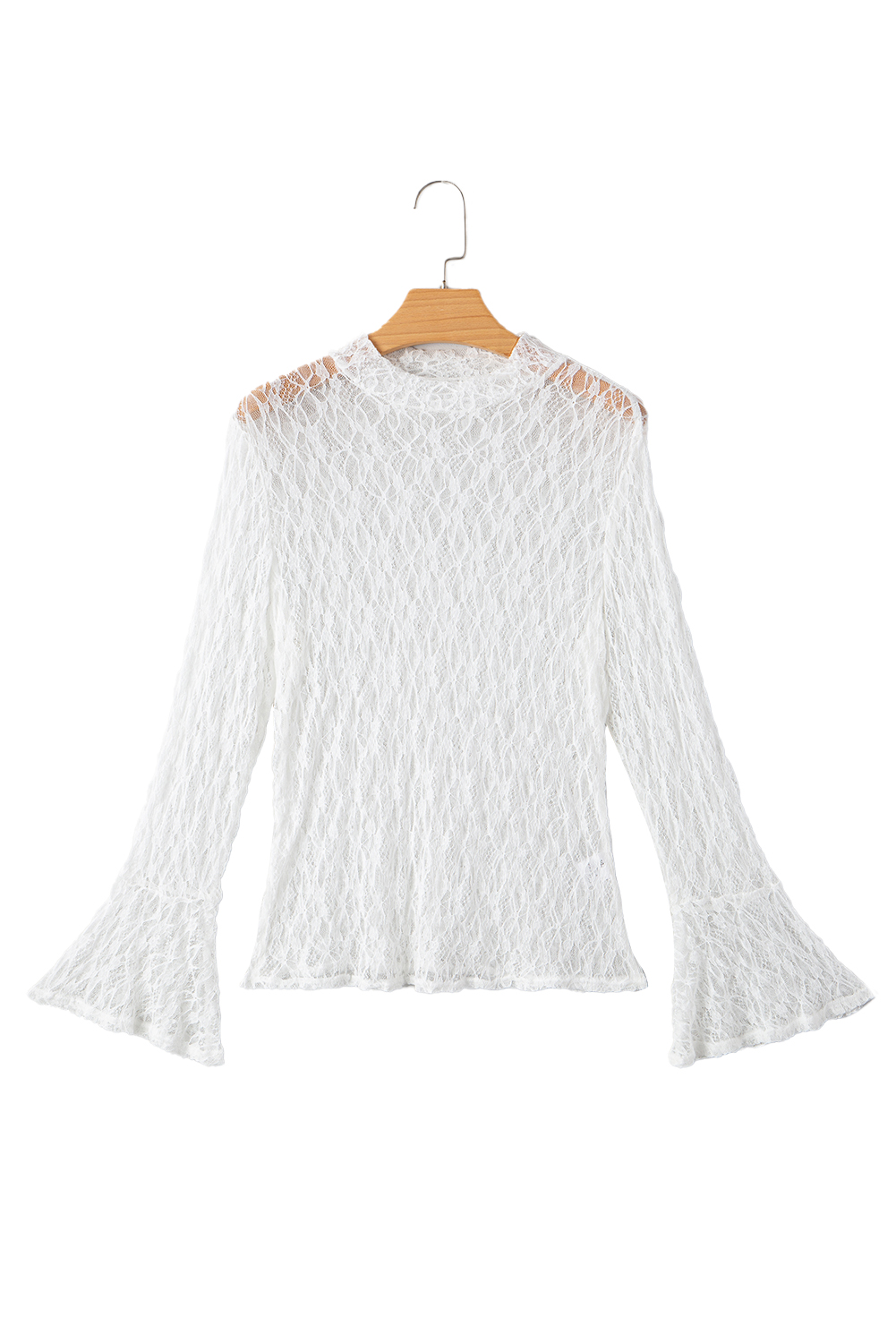 White Sheer Lace Bell Sleeve Mock Neck Blouse - loveforevers