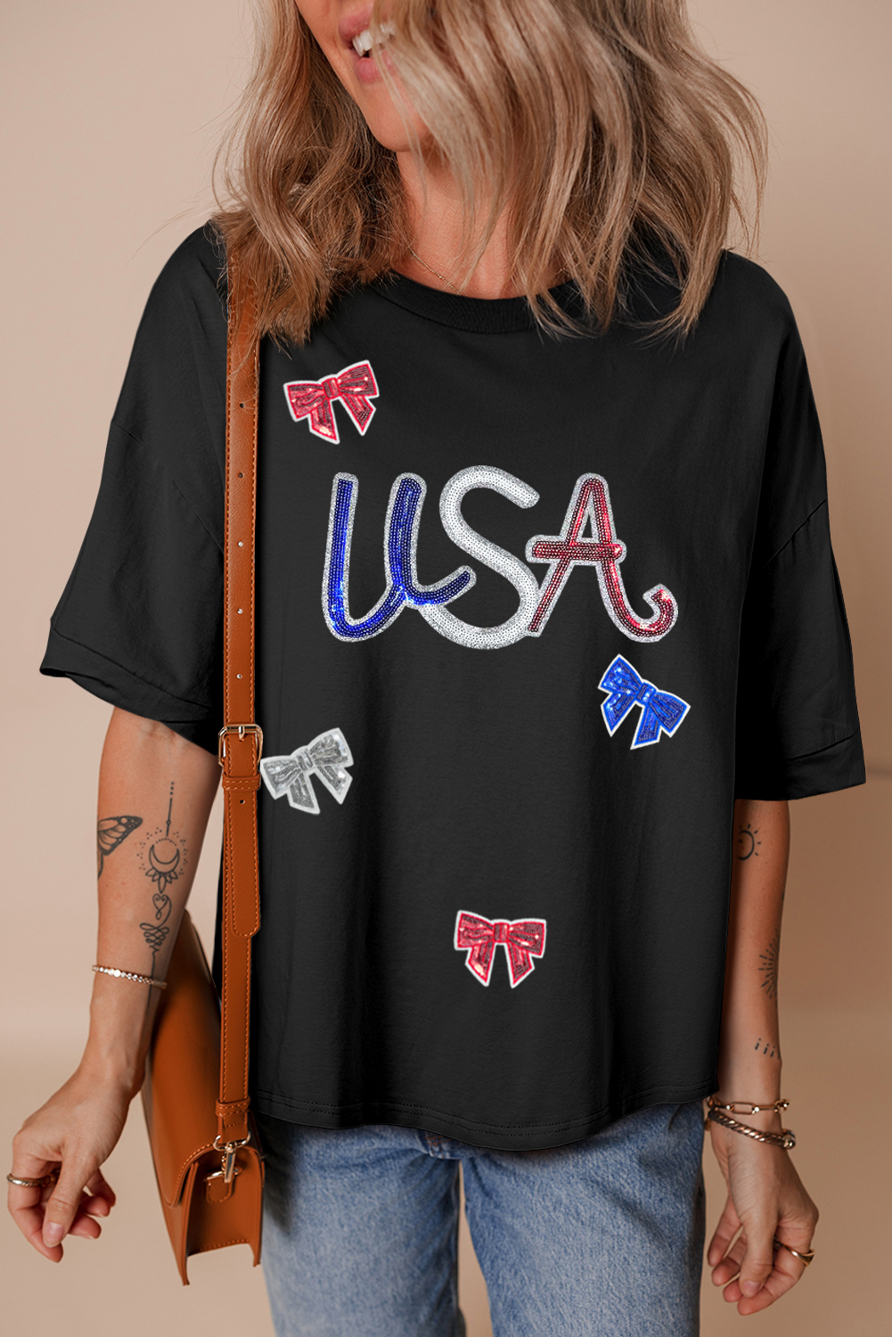 Black Sequin USA Bow Graphic Independence Day T Shirt - loveforevers
