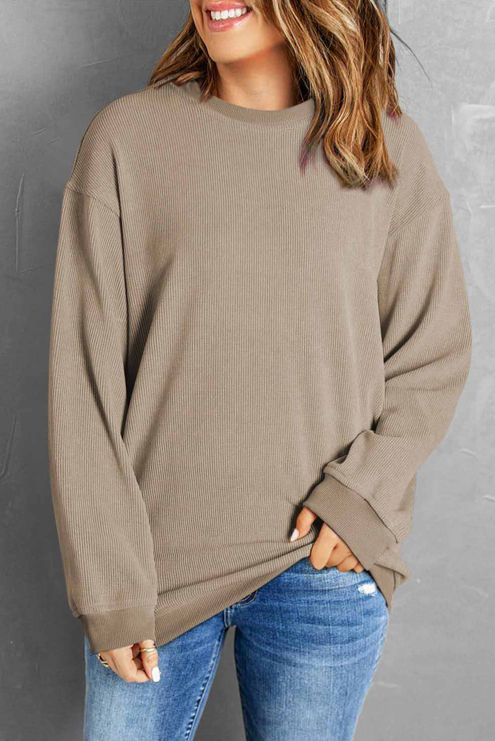 Pink Solid Ribbed Knit Round Neck Pullover Sweatshirt - loveforevers