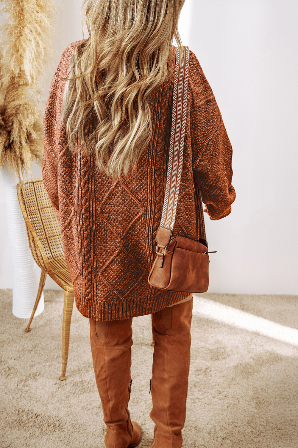 Parchment Cable Knit Drop Shoulder Loose Fit Sweater Dress - loveforevers