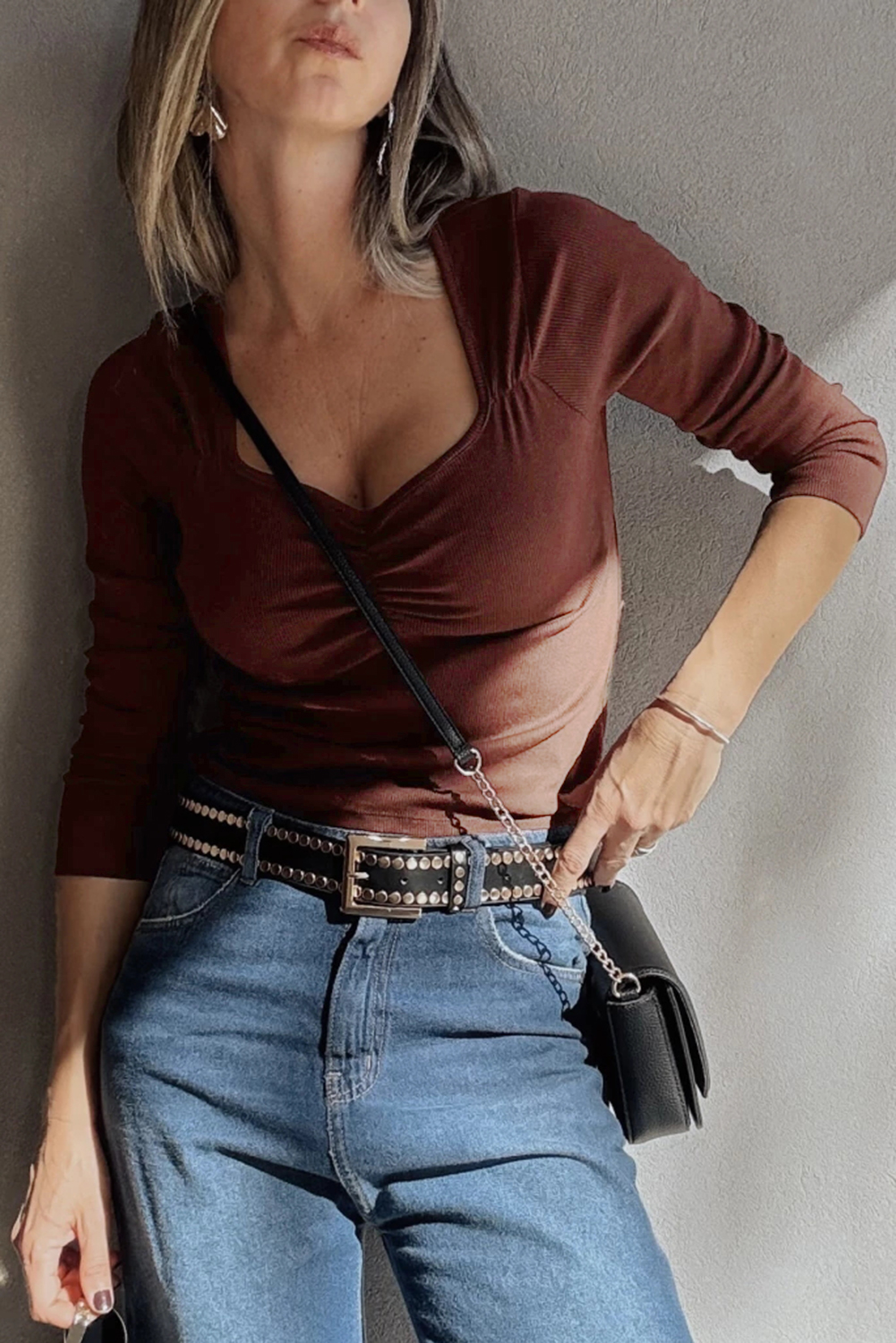 Burgundy Gathered Bust Square Neck Ribbed Fit Long Sleeve Top - loveforevers