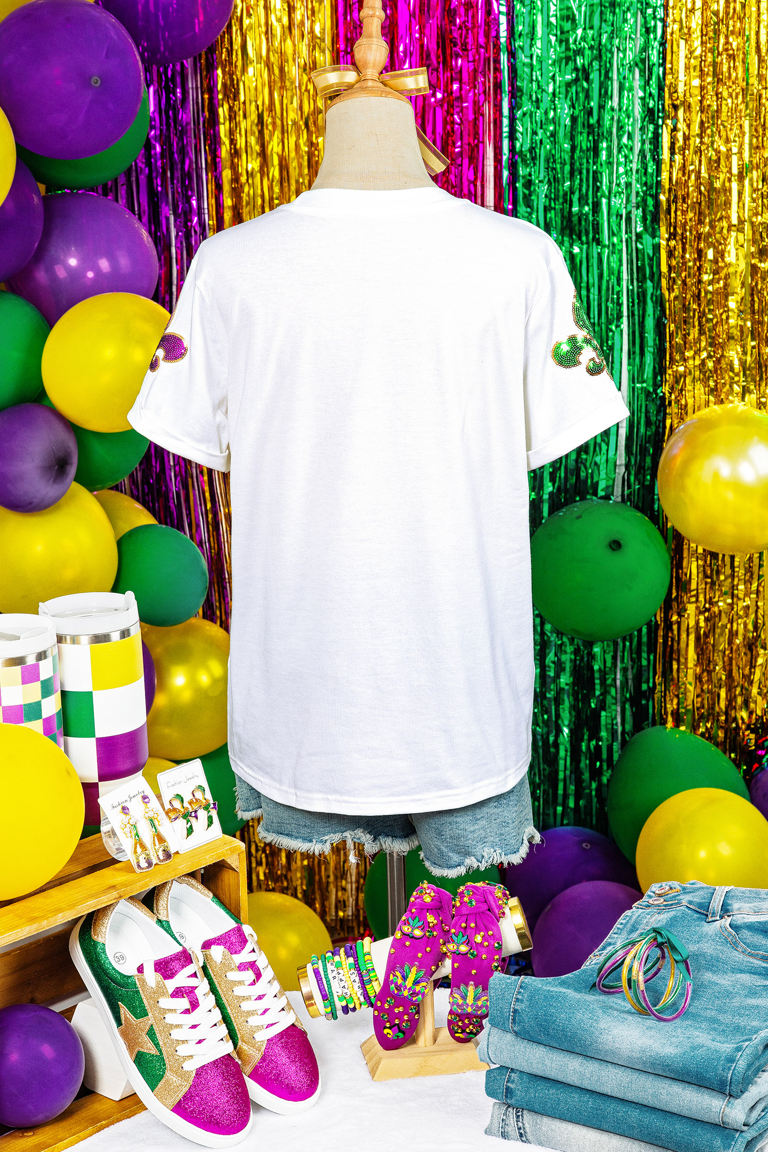 White Mardi Gras Fleur De Lis Sequin Graphic T Shirt - loveforevers