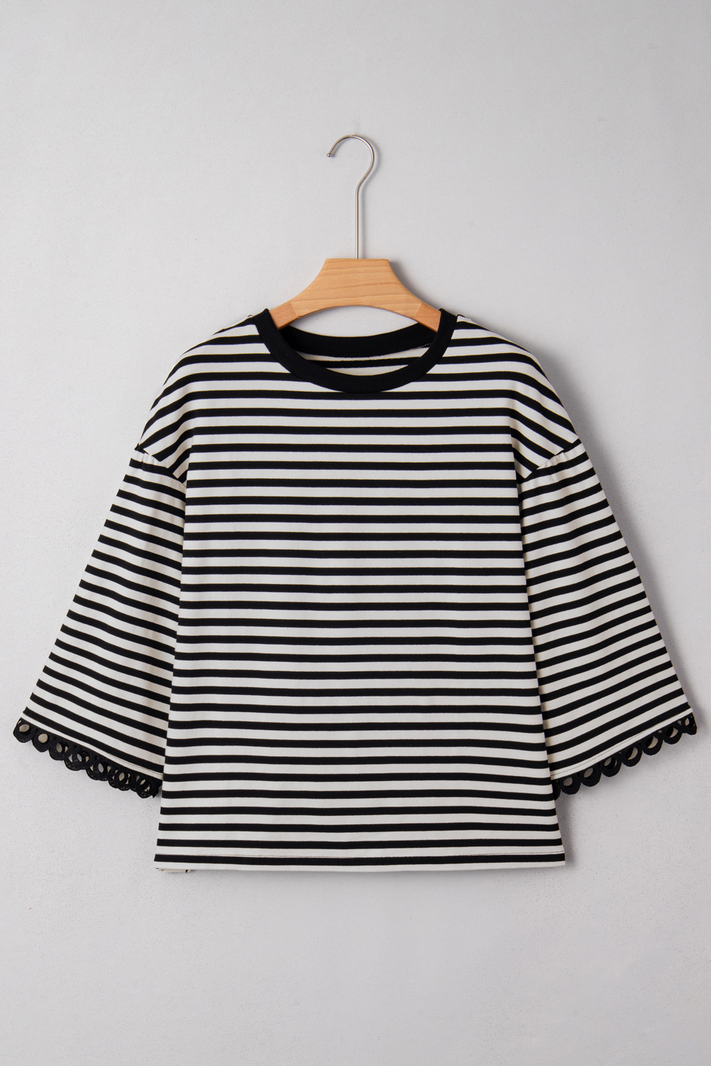 Racing Red Striped Print Drop Shoulder Lace Trim Bracelet Sleeve Loose Top - loveforevers