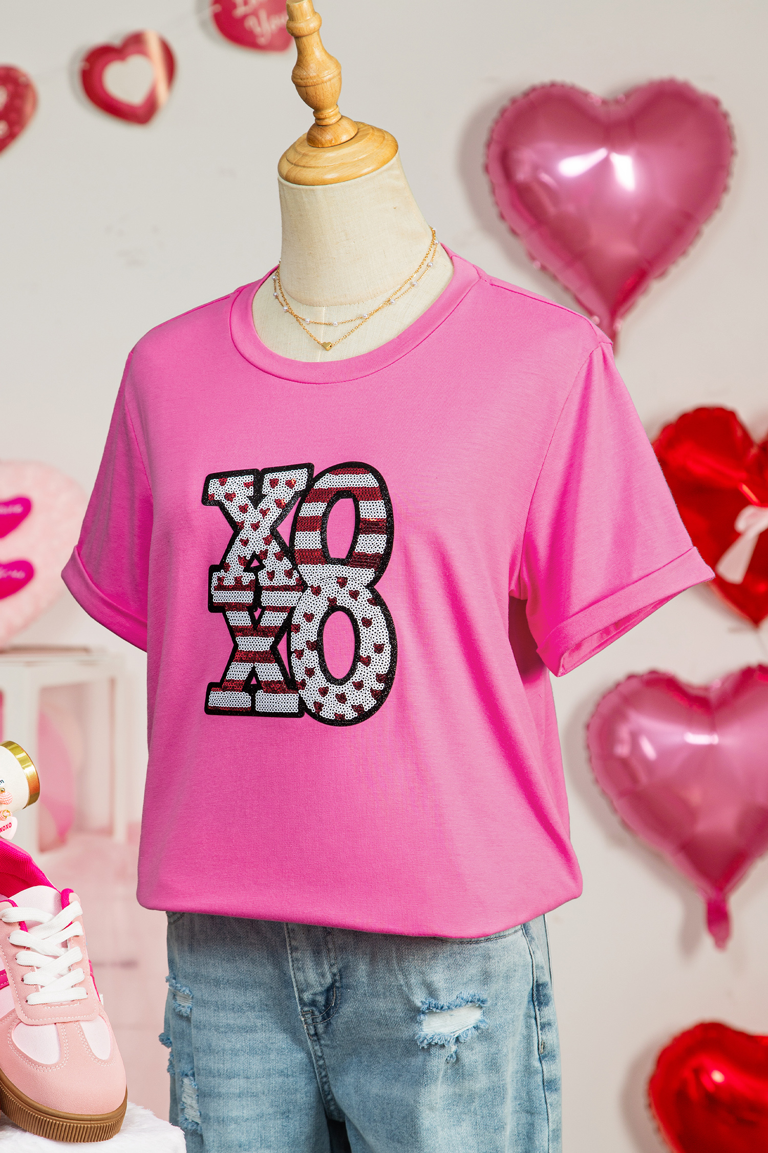 Sachet Pink Sequined XOXO Graphic Valentine T Shirt - loveforevers