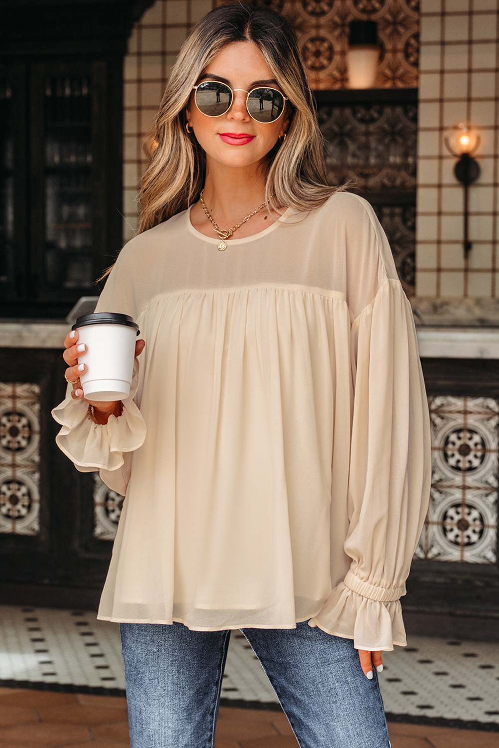 Parchment Pleated Ruffle Long Sleeve Chiffon Blouse - loveforevers