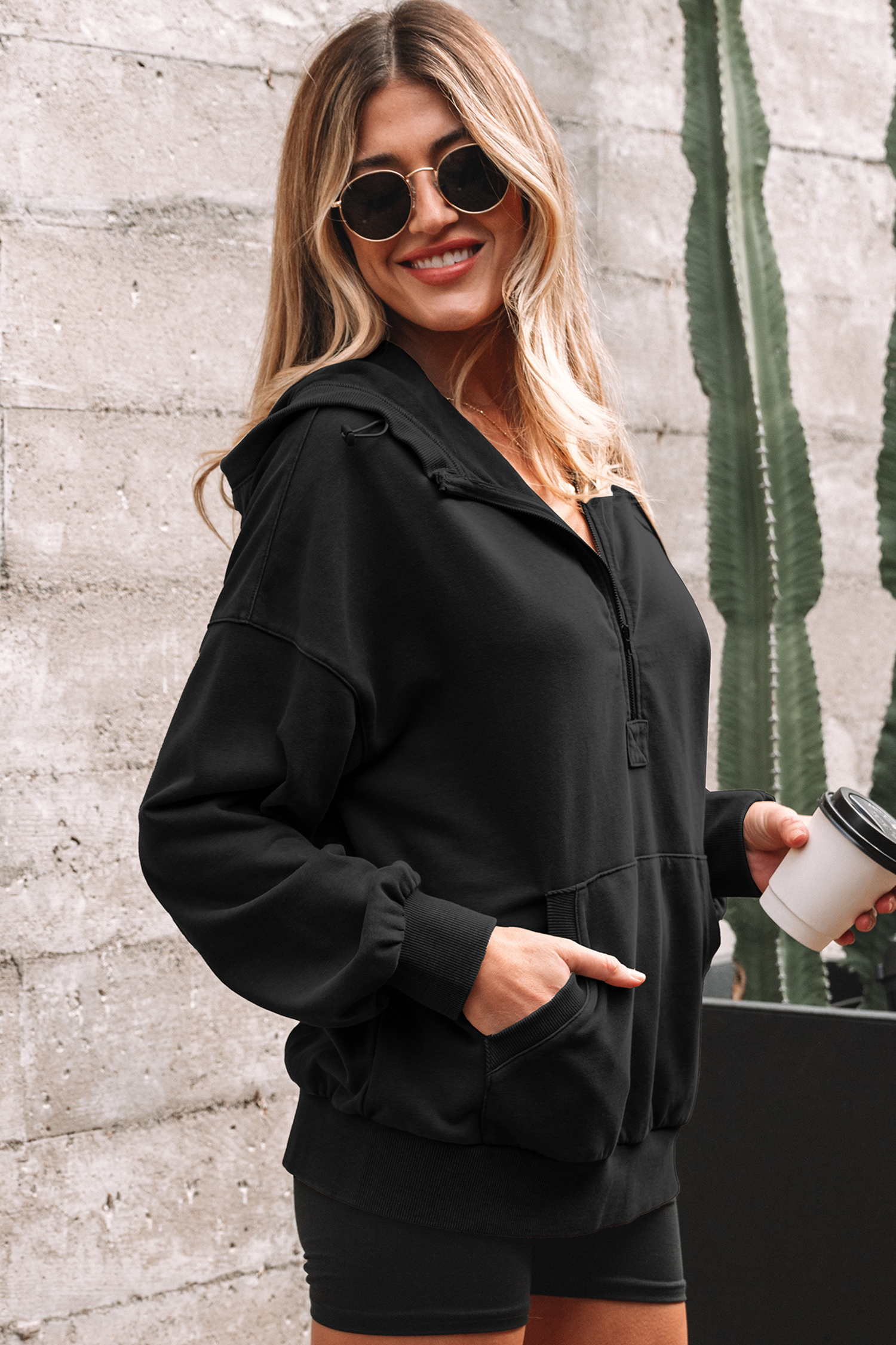 Canton Half Zip Kangaroo Pocket Mineral Wash Baggy Hoodie - loveforevers
