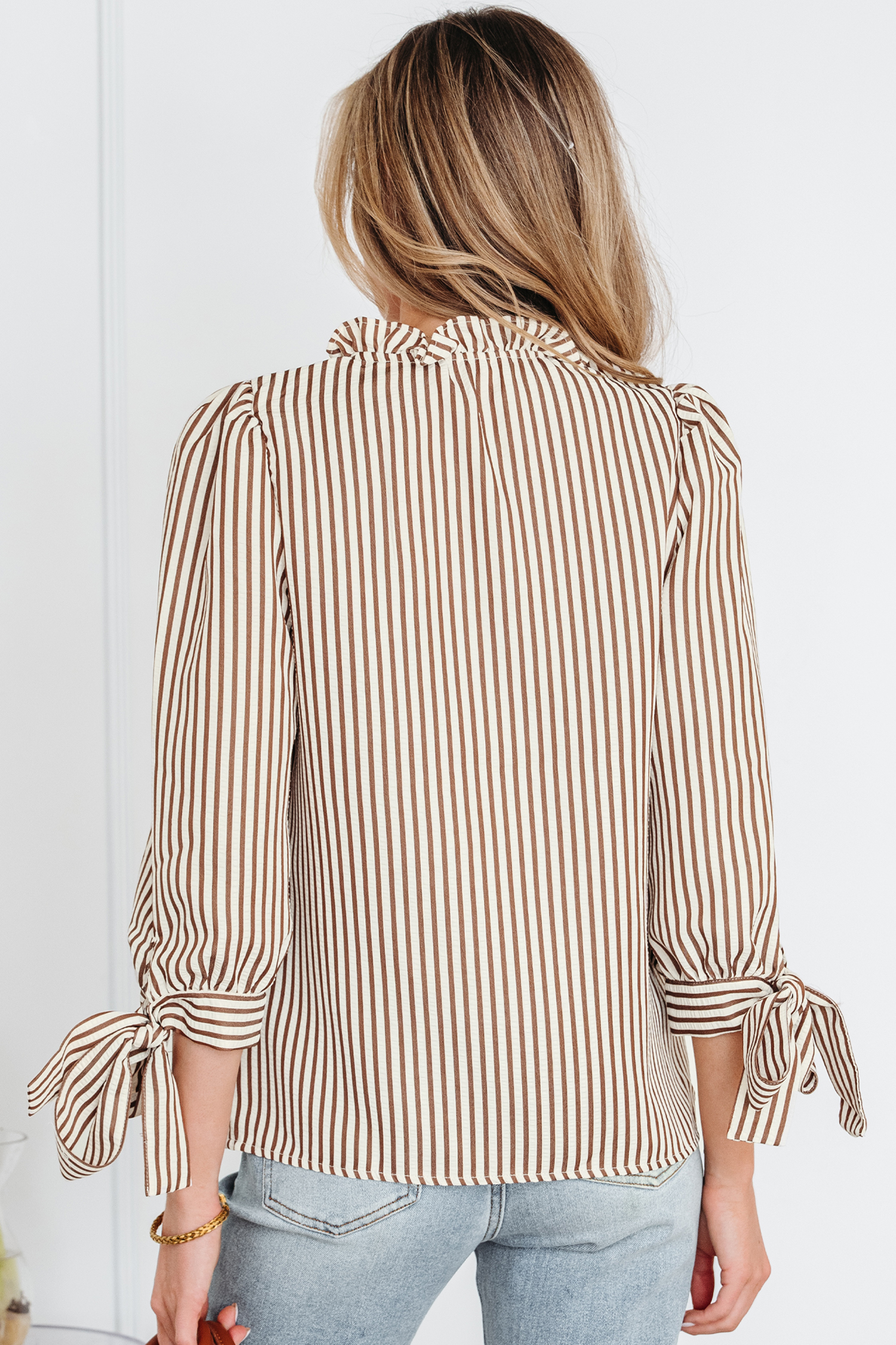 Straw Yellow Striped Print Tied Cuffs Split Neck Seersucker Blouse - loveforevers