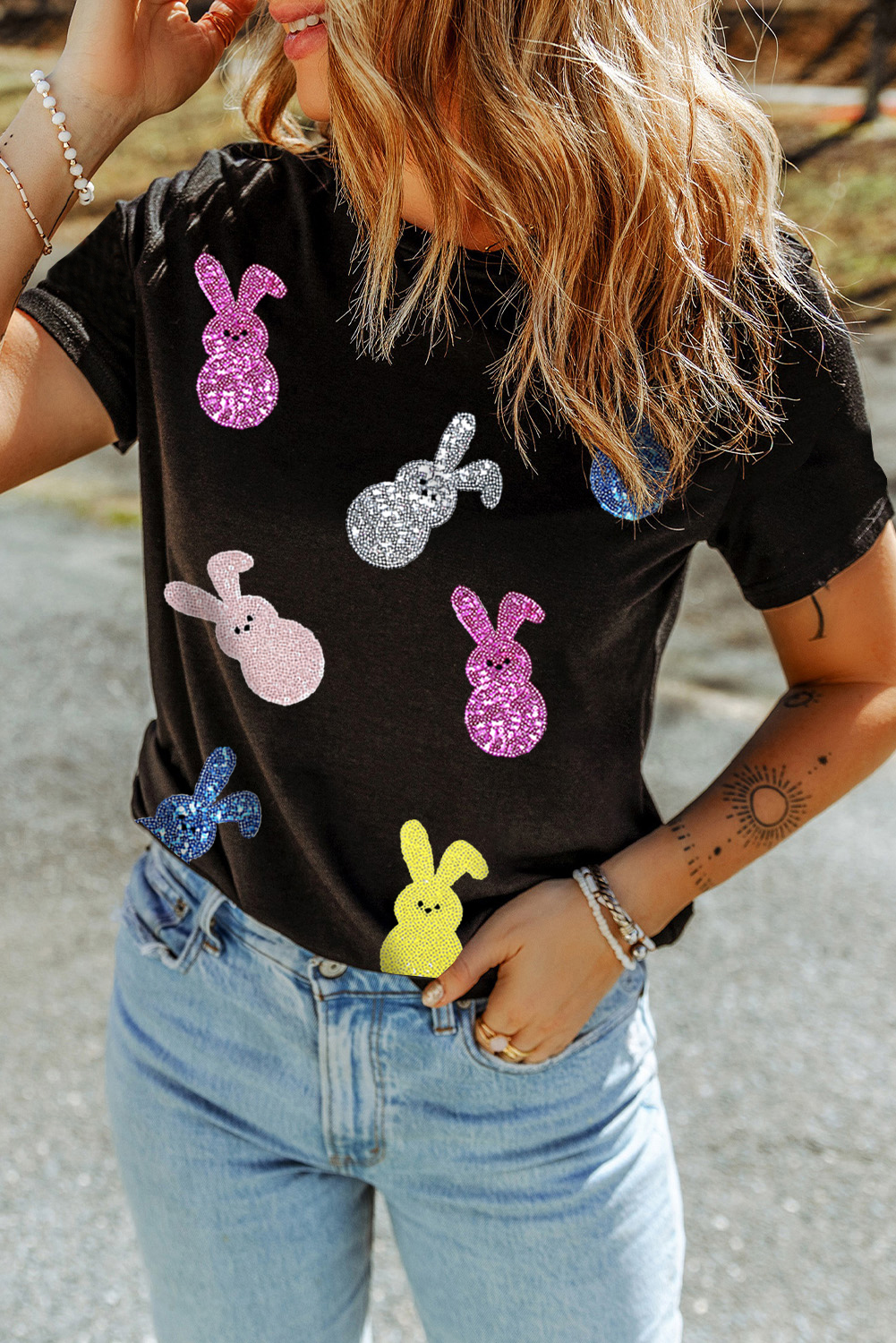Black Sequin Bunny Doll Graphic Easter Day T Shirt - loveforevers