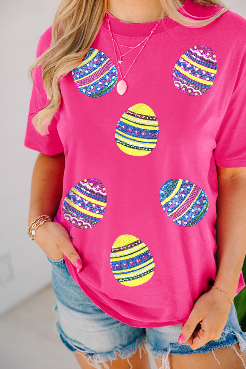 Rose Red Sequin Easter Egg Graphic Casual T Shirt - loveforevers