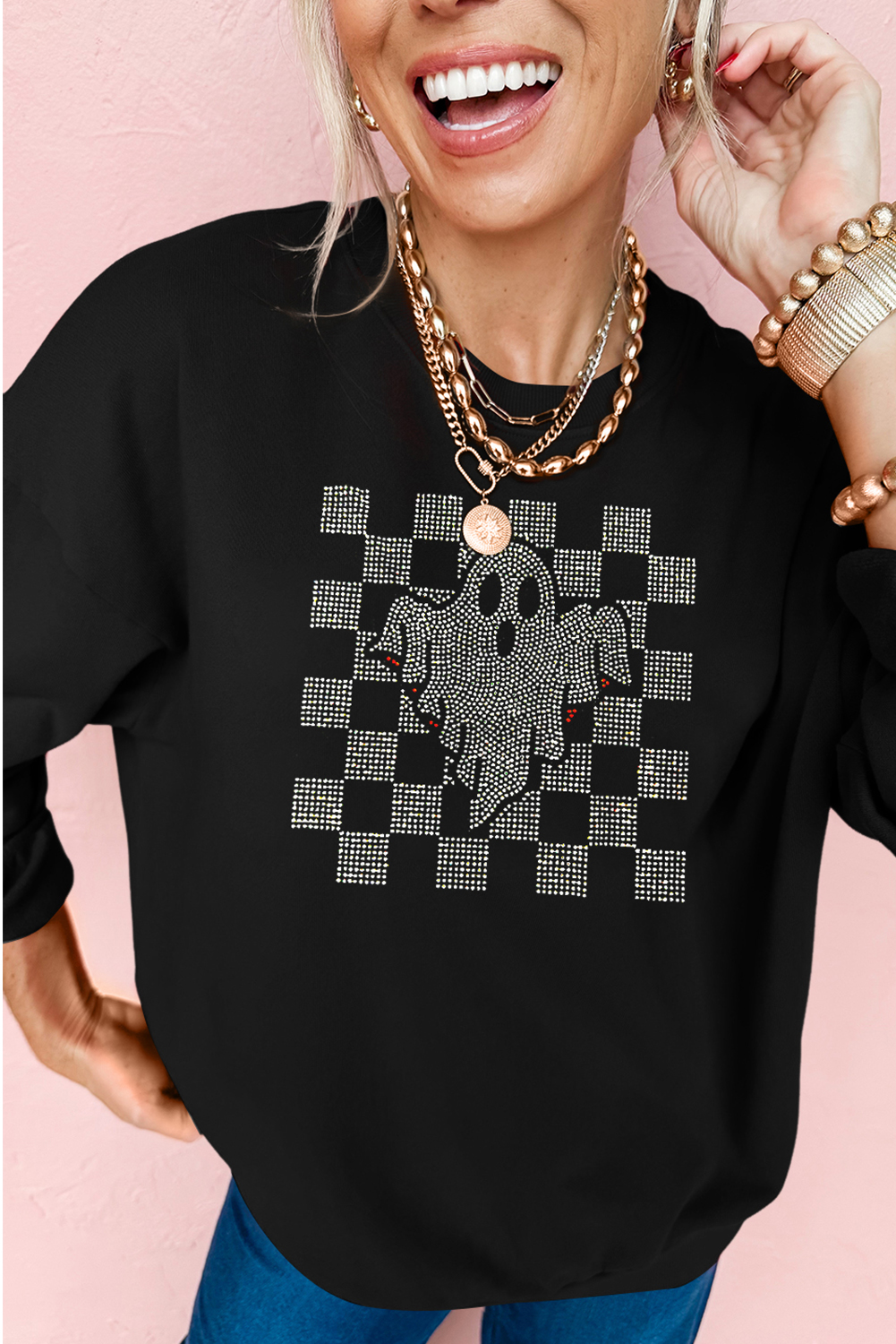 Black Rhinestone Checkered Halloween Ghost Drop Shoulder Sweatshirt - loveforevers