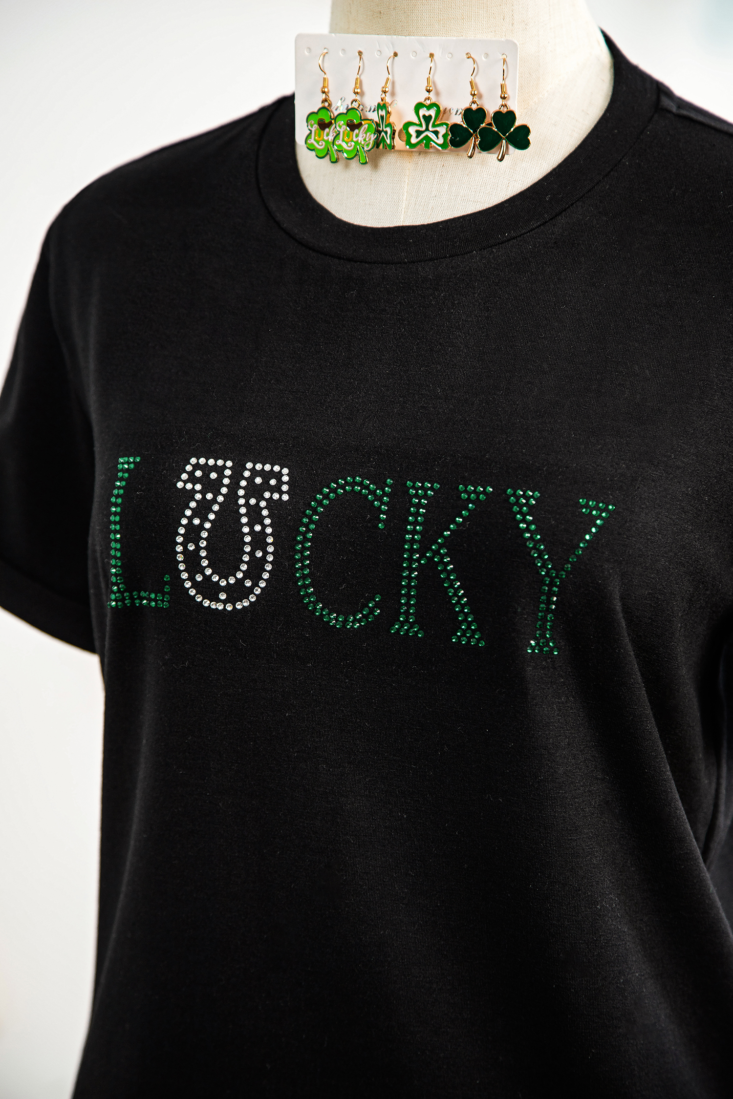 Black LUCKY Rhinestone Graphic Rolled Sleeve Tee - loveforevers