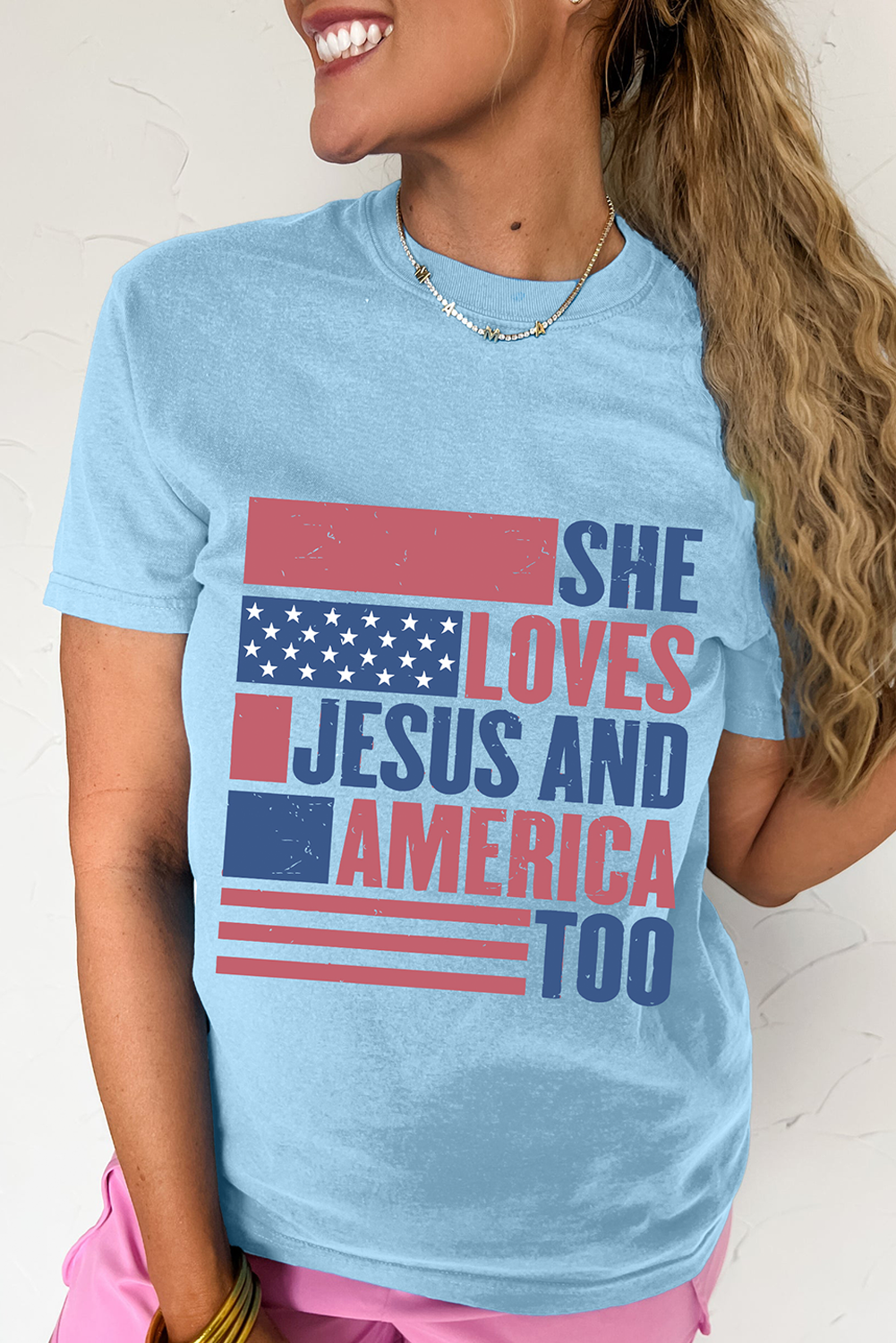 Light Blue SHE LOVES JESUS AND AMERICA TOO Flag Graphic T Shirt - loveforevers