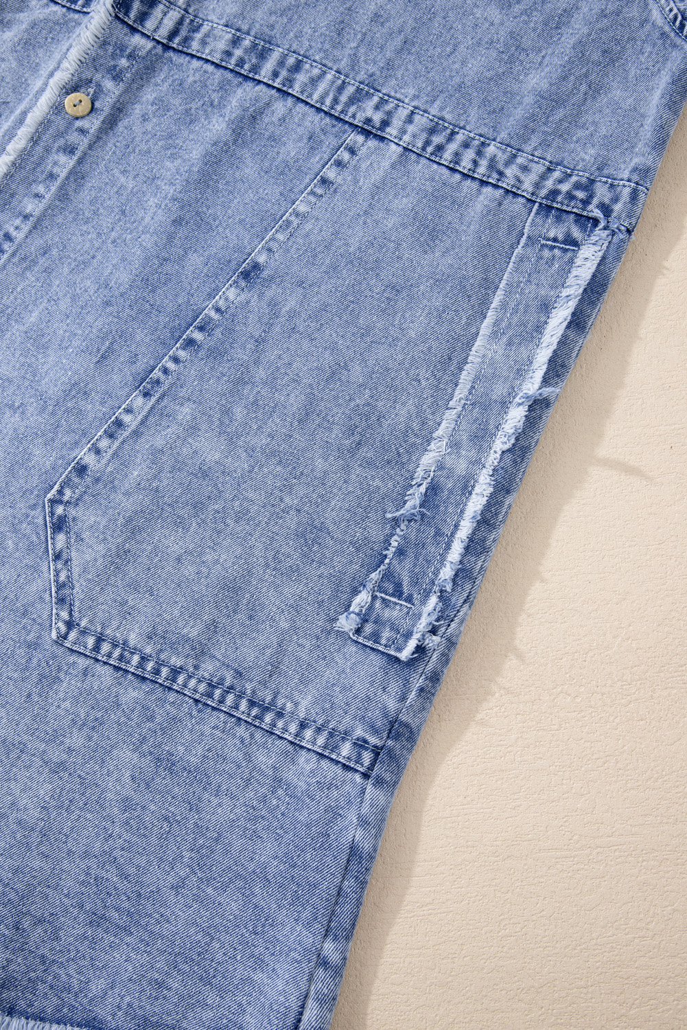 Beau Blue Mineral Wash Long Sleeve Button Up Raw Hem Pocketed Denim Dress - loveforevers