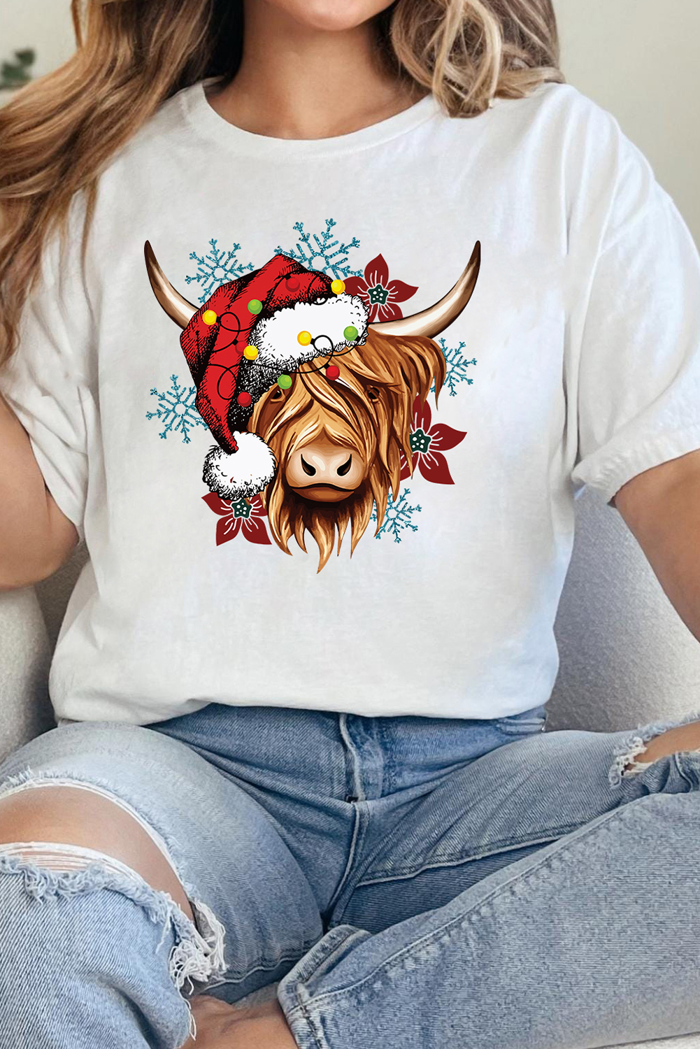 White Christmas Highland Ox Snowflake Print Womens T Shirt - loveforevers