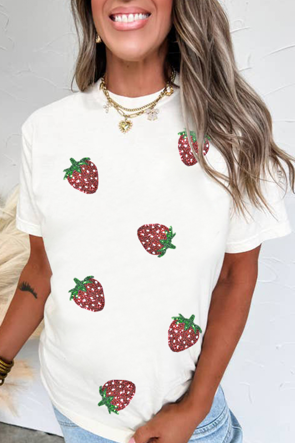 White Sequin Bow Strawberry Graphic Crew Neck T Shirt - loveforevers