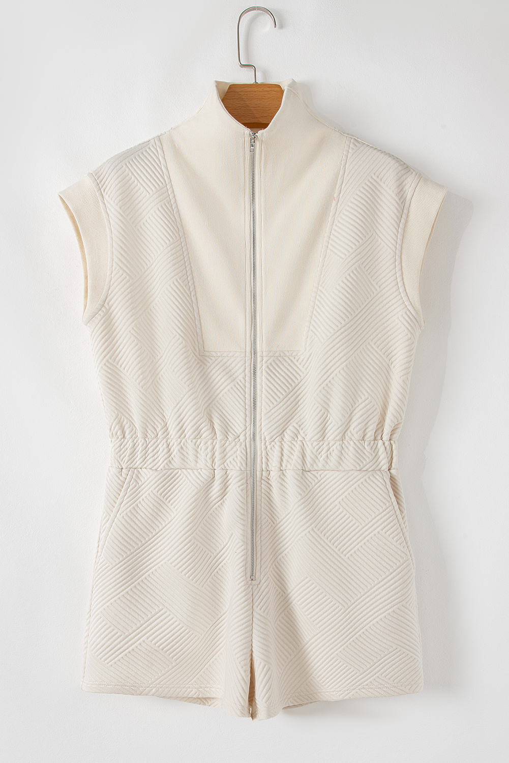 Jet Stream Textured Zipped Front V Neck Collared Casual Romper - loveforevers