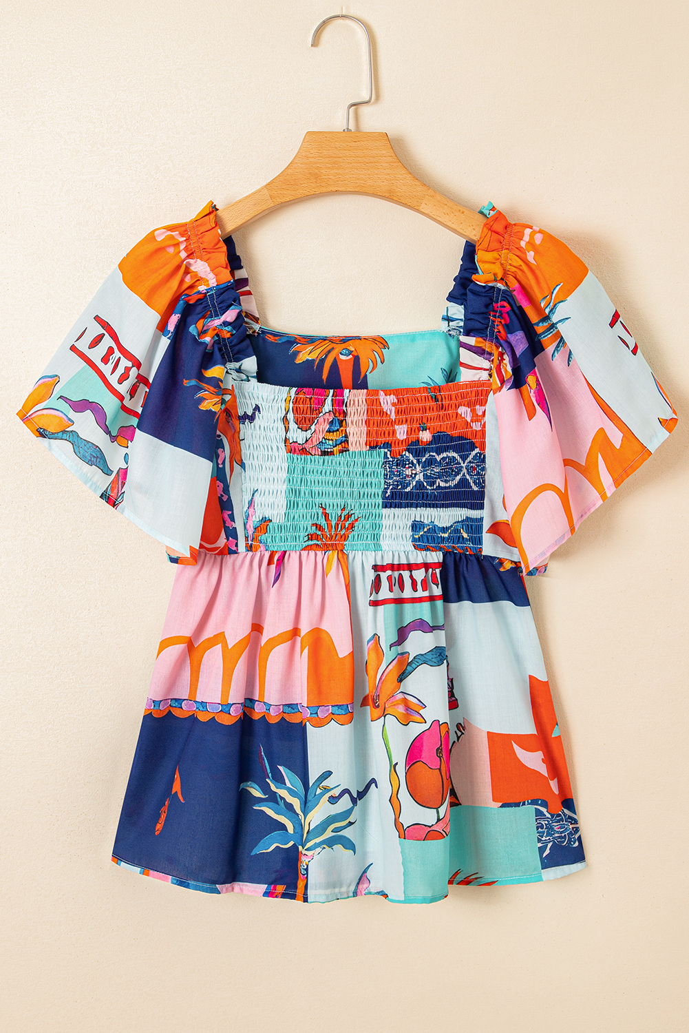 Sky Blue Tropical Printed Square Neck Flutter Sleeve Babydoll Blouse - loveforevers