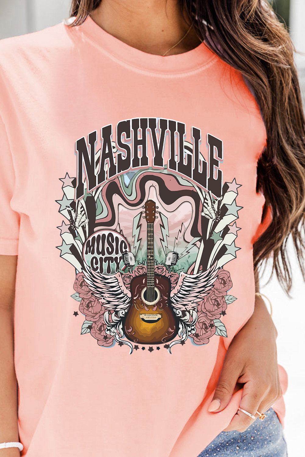 Pink NASHVILLE MUSIC CITY Guitar Graphic T Shirt - loveforevers