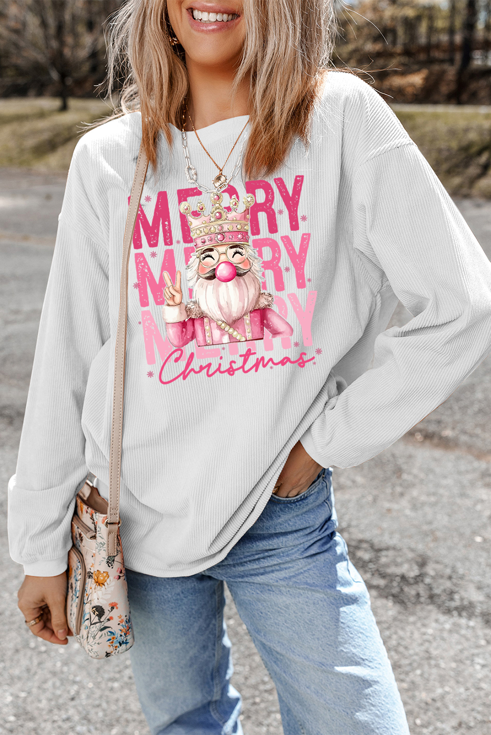 White Twisted Ribbed Merry Christmas Nutcracker King Printed Sweatshirt - loveforevers