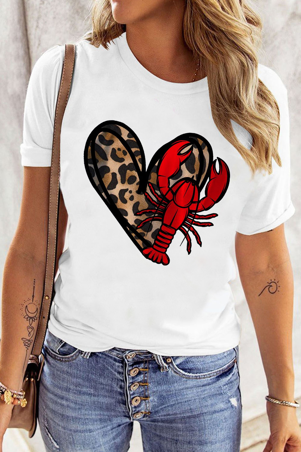 White Crawfish Leopard Heart Print Crewneck Tee - loveforevers