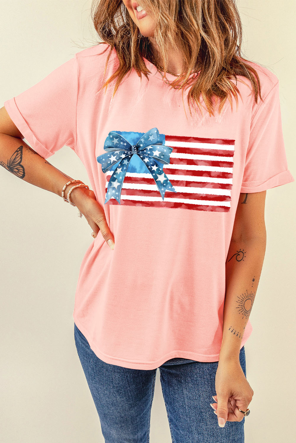 Pink Starry Bow American Flag Graphic T Shirt - loveforevers