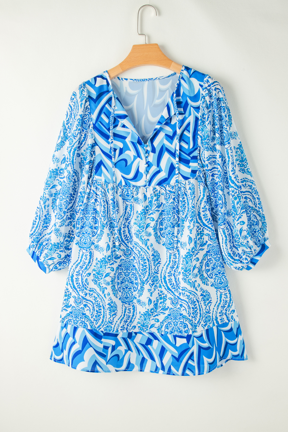 Sky Blue Bohemian Print Puff Sleeve Tied V Neck Flared Mini Dress - loveforevers
