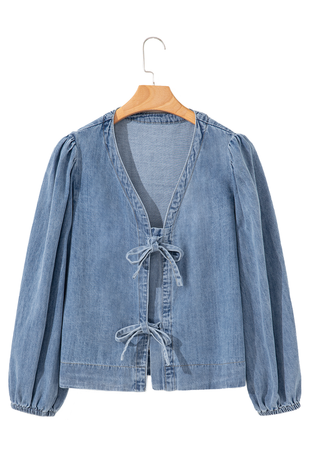 Dusk Blue Tied Front Long Puff Sleeve Denim Top - loveforevers