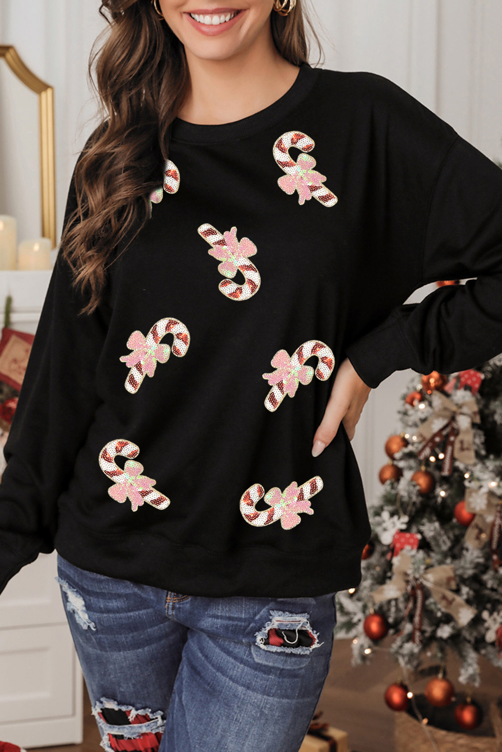 Black Christmas Candy Cane Sequin Patch Baggy Sweatshirt - loveforevers