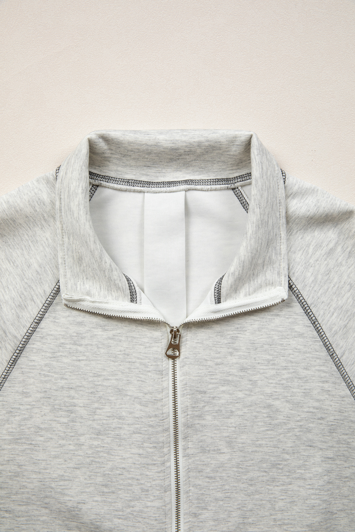 Light Grey Half Zip Stand Neck Seam Detail Long Sleeve Top - loveforevers