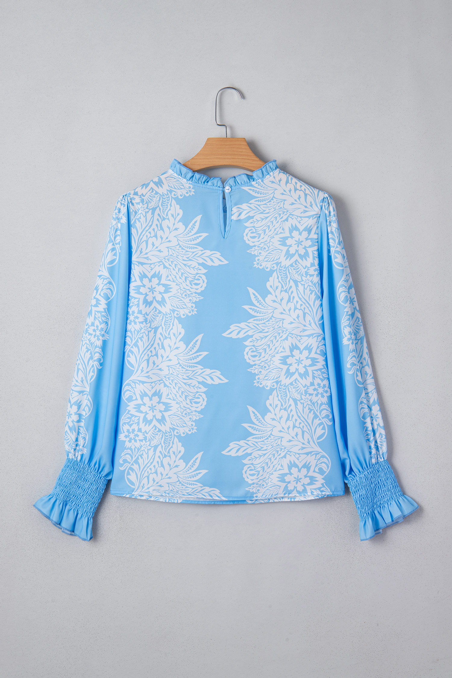 Sky Blue Ruffled Collar Puff Sleeve Flower Blouse - loveforevers