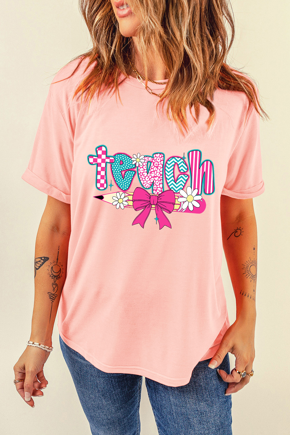 Pink Preppy Retro Checkered Coquette Teach Graphic T-Shirt - loveforevers
