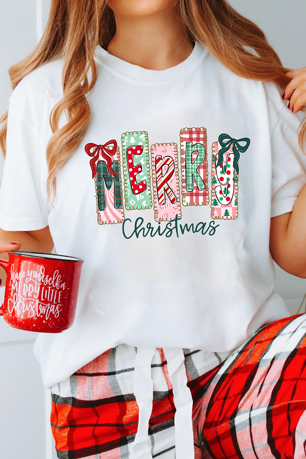 White Merry Christmas Ribbon Bow Detail Holiday Graphic Tee - loveforevers