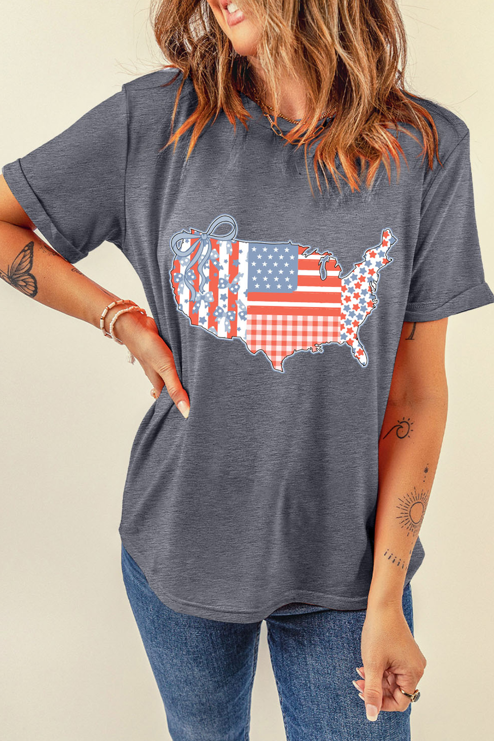 Gray American Flag Bow Map Graphic Tee - loveforevers