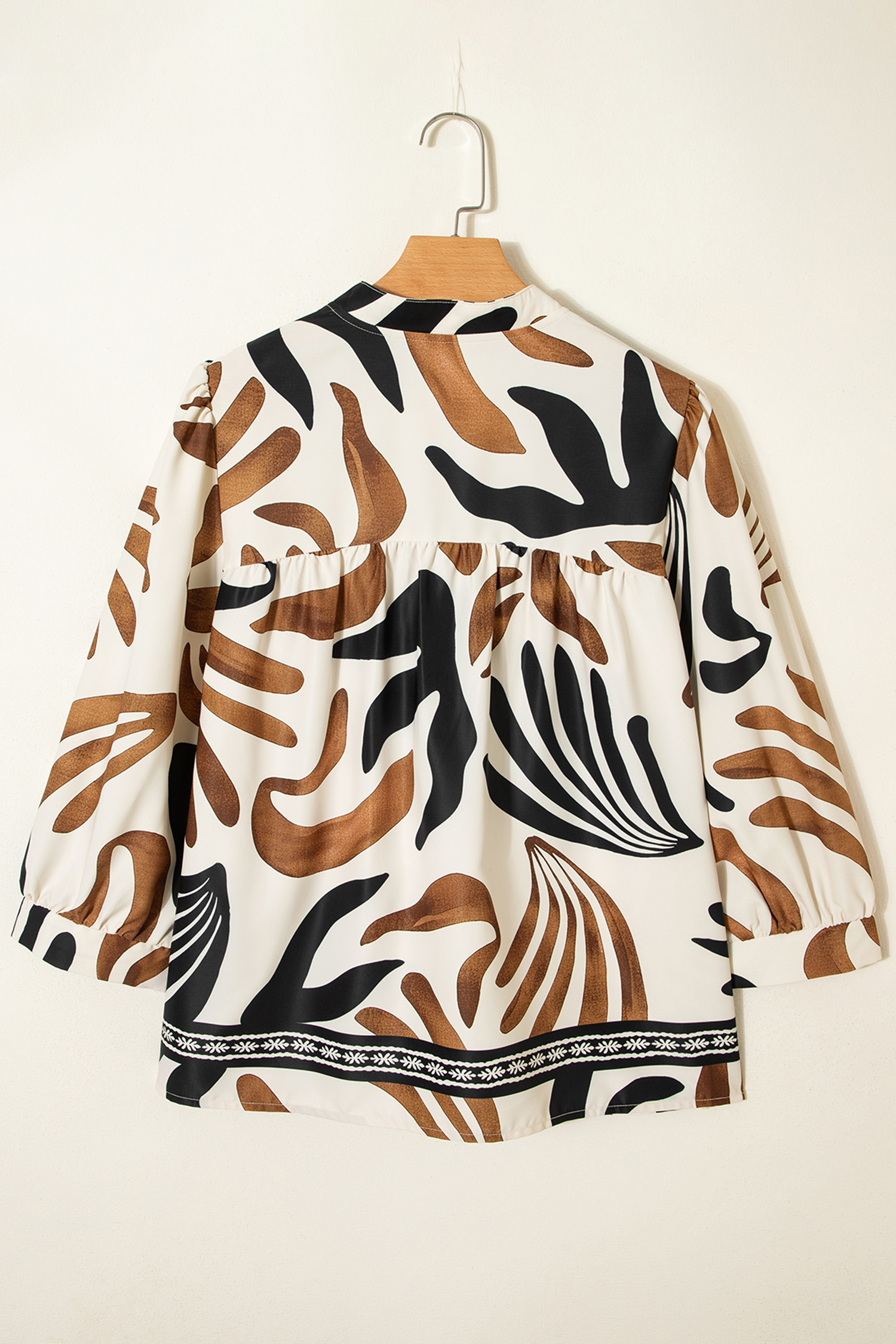 Brown Abstract Print Puff Sleeve Loose Blouse - loveforevers