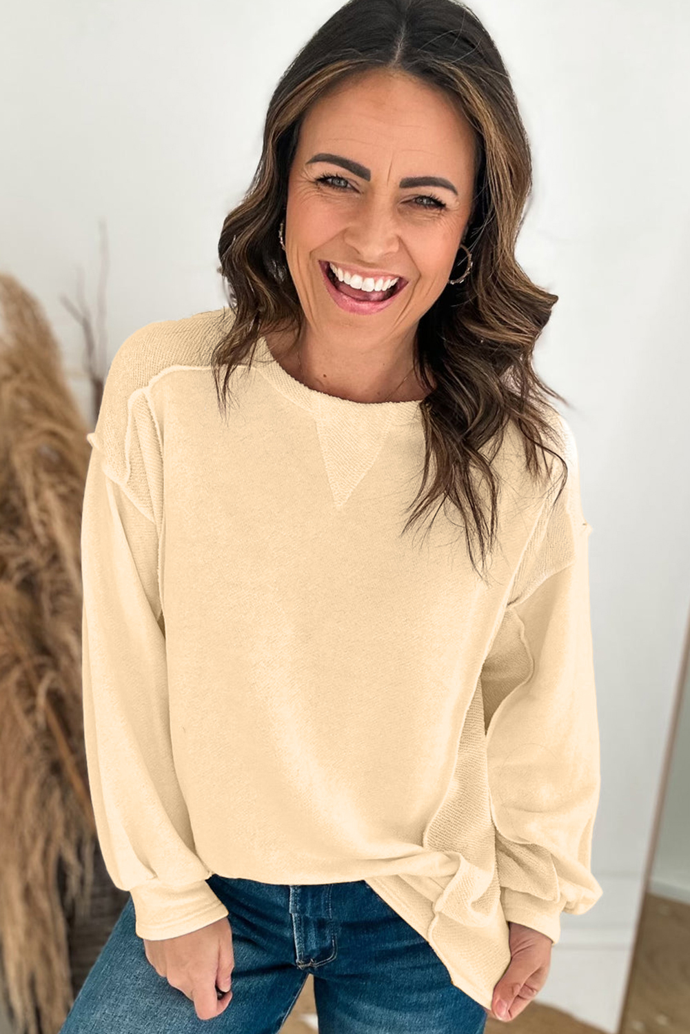 Beige Splicing Round Neck Pullover Sweatshirt - loveforevers