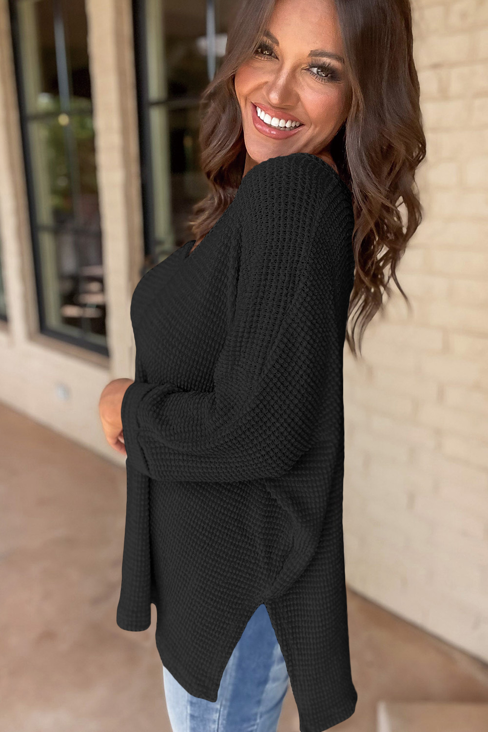 White Waffle Knit Side Slits Loose Fit V Neck Top - loveforevers