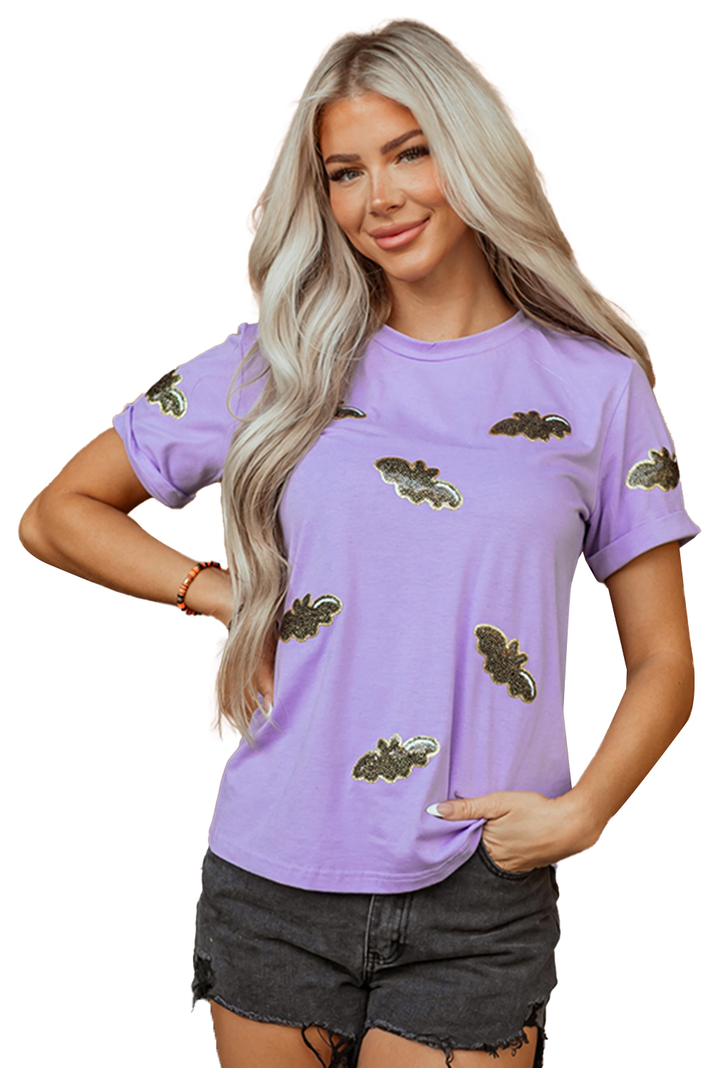 Wisteria Sequin Halloween Bat Patched Casual T Shirt - loveforevers