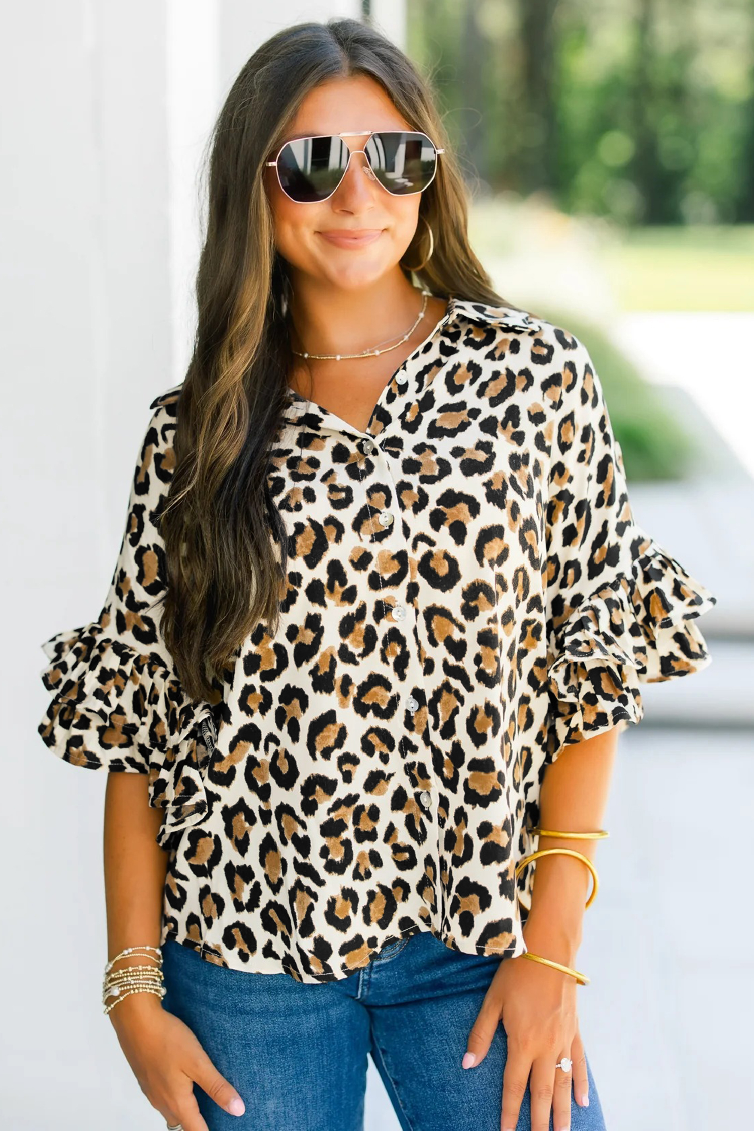 Khaki Leopard Print Ruffle Trim 3/4 Sleeve Loose Shirt - loveforevers