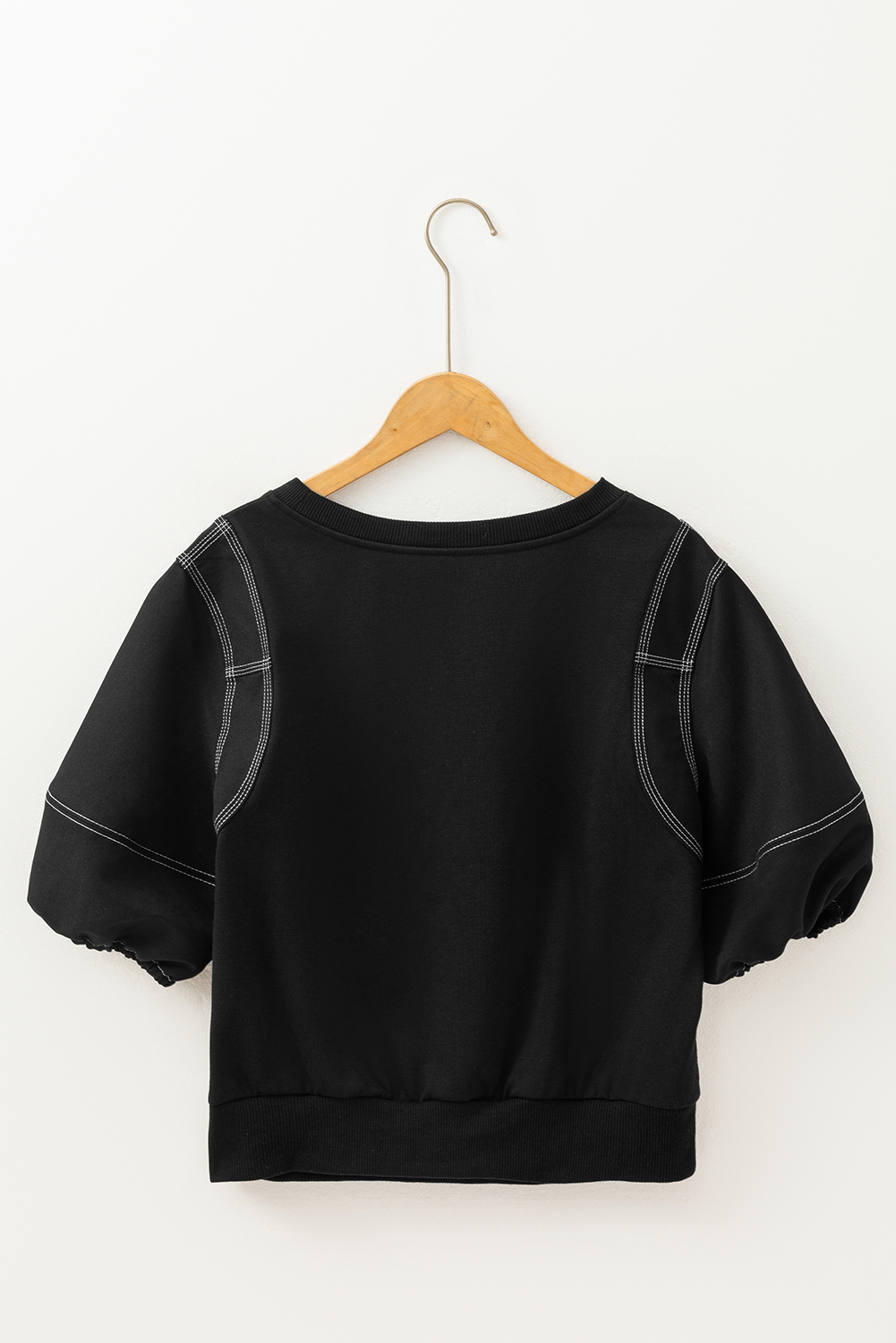 Black Contrast Stitches Detail Puffy Half Sleeve Blouse - loveforevers