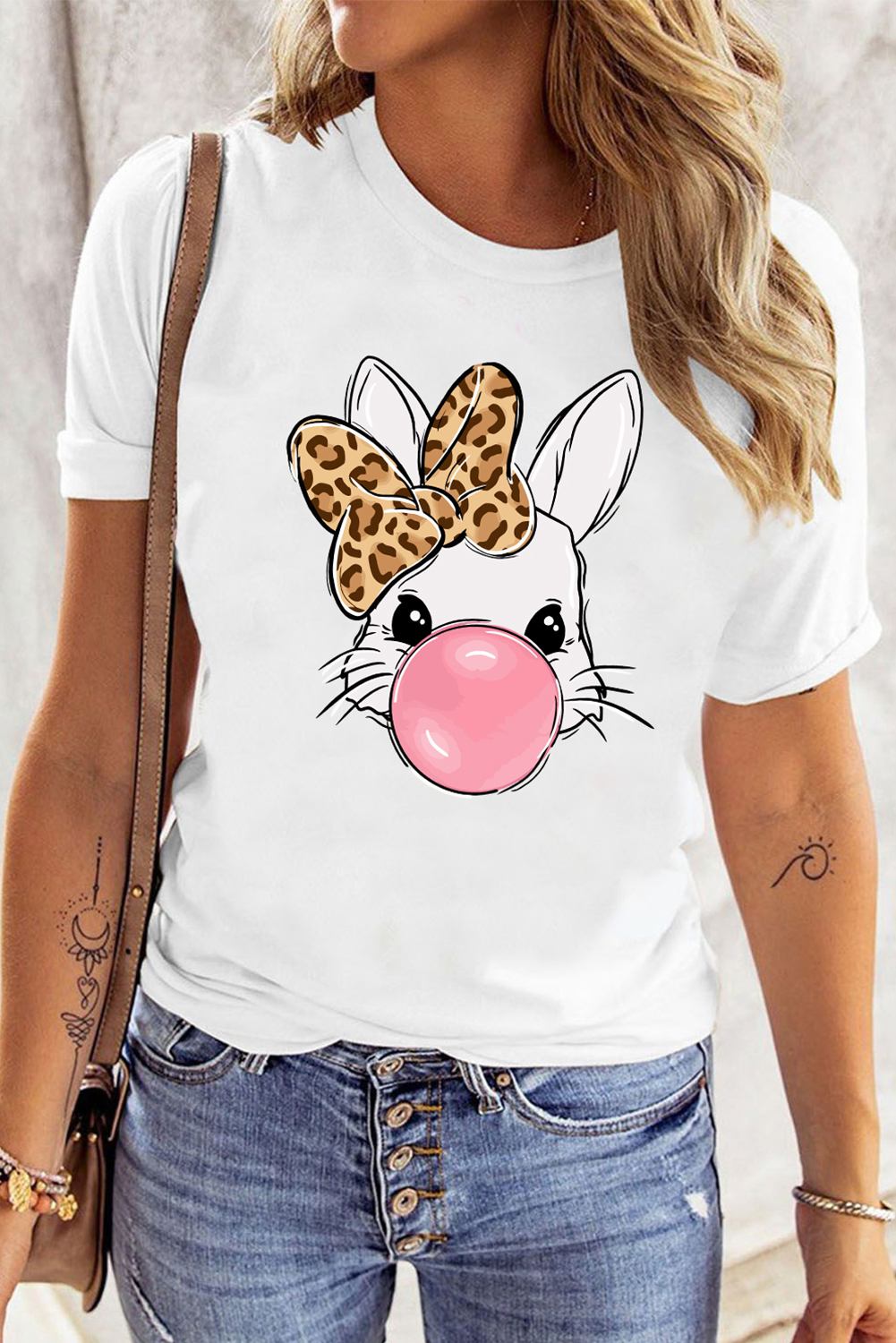 White Leopard Bow Bubble Rabbit Graphic Tee - loveforevers