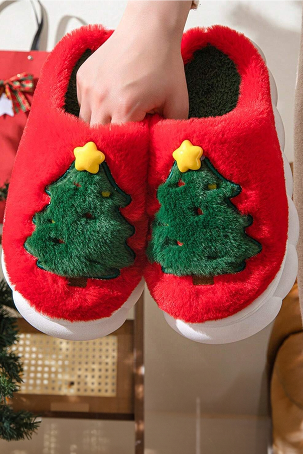 Fiery Red Christmas Tree Graphic Thick Sole Plush Slippers - loveforevers