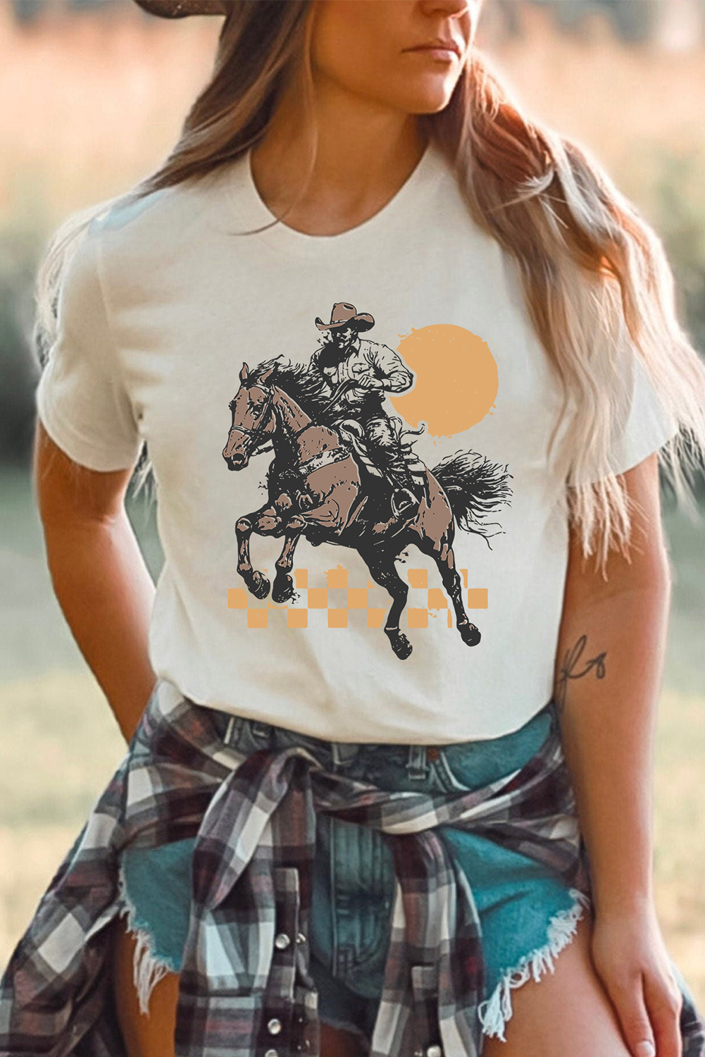 White Sunset Cowboy Print Western Fashion T Shirt - loveforevers