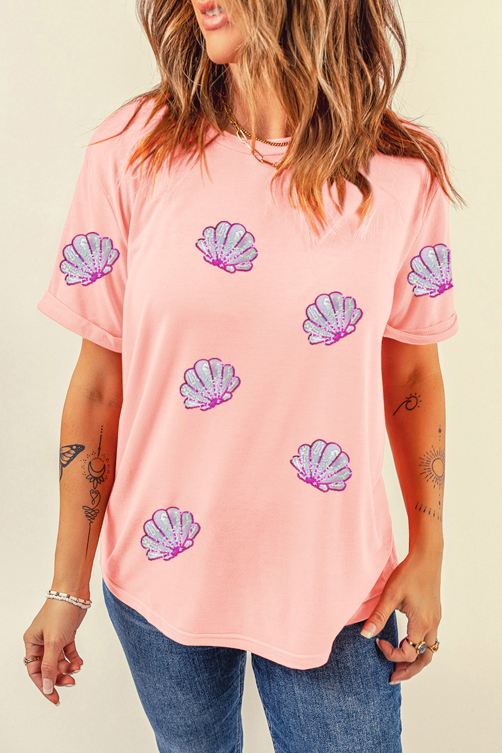 Pink Sequin Shell Graphic Round Neck T Shirt - loveforevers